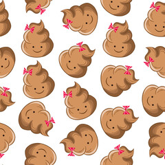 Seamless pattern with kawaii poop on white background. Cartoon poo, feces icons. Shit patterns, evil turd. Vector illustration for invitation, poster, card, fabric, textile. Doodle style