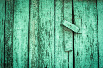 rusty lock on a texture of old, wooden, Green tide, celadon door, which the old paint flaking. place for text.