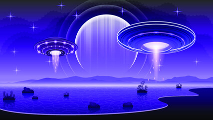 Abstract Aliens On Flying Saucers In Dark Background Gradient Unidentified Flying Object Ufo Stars Clouds Vector Design Style