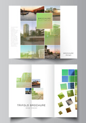 Vector layouts of covers design templates for trifold brochure, flyer layout, book design, brochure cover, advertising mockups. Abstract project with clipping mask green squares for your photo.