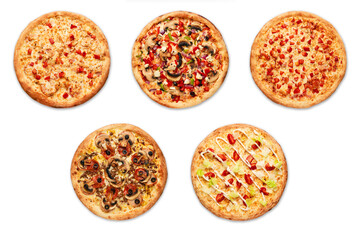 Cut into slices delicious fresh pizza with pepperoni on a white background. Top view.