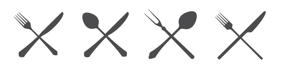 Crossed knives, spoons and forks. Vintage and modern. Vector illustration