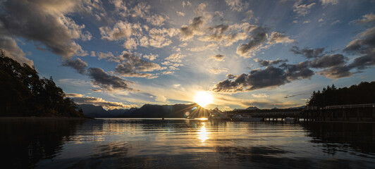 Sunset on the beach of Lake Nahuel Huapi in Patagonia Argentina.