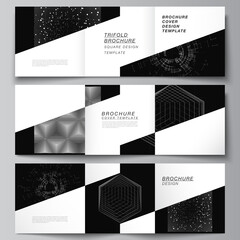 Fototapeta premium Vector layout of square covers design templates for trifold brochure, flyer, cover design, book design.Black color technology background. Digital visualization of science, medicine, technology concept
