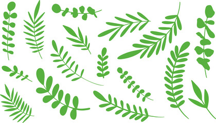 Silhouette leaves and flowers  in line style. Doodle leaf ornament for design hand drawn tree branch