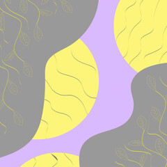 abstract background with floral elements. yellow circles with gray wavy lines, yellow twigs on gray spots on a lilac background