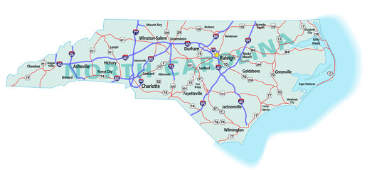 Vector map of the state of North Carolina and its Interstate System.