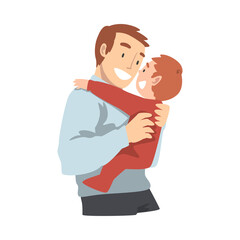 Happy Young Dad Hugging his Toddler Baby, Happy Parenting, Fatherhood and Kids Care Cartoon Vector Illustration