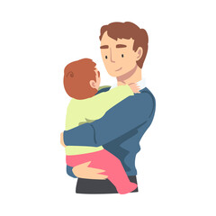 Dad Hugging his Toddler Baby, Happy Parenting, Fatherhood and Kids Care Cartoon Vector Illustration