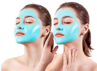 Collage of woman face with blue vitamin facial clay mask.