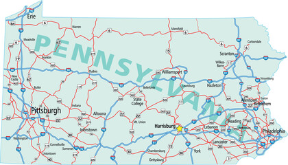 Vector map of the state of Pennsylvania and its Interstate System.