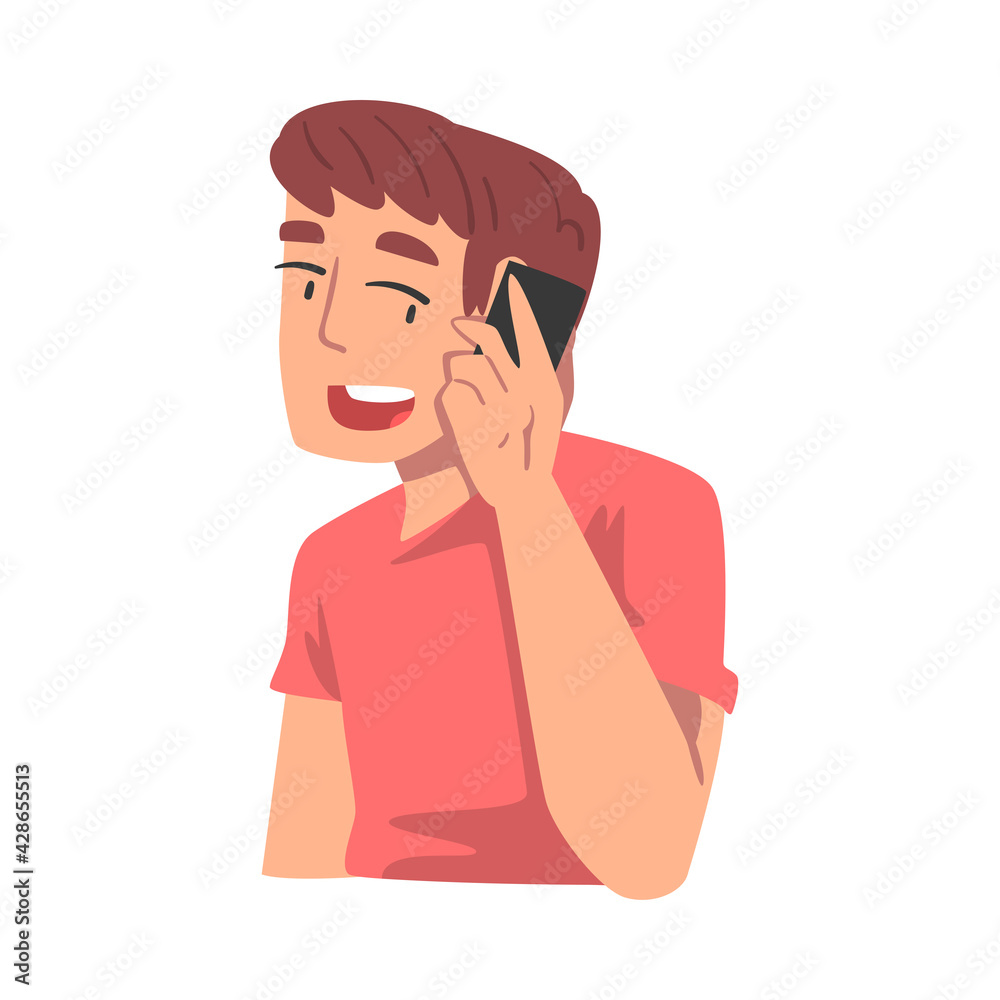 Sticker Guy Talking on Phone, Boy Using Smartphone in Friendly or Family Telephone Communication Cartoon Vector Illustration