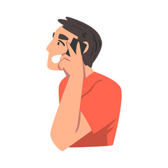 Side View of Cheerful Young Man Talking on Phone Cartoon Vector Illustration