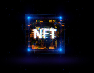 Crypto currency. Abstract effect. Future tech. NFT non-fungible token. .Digital cryptoart. Shine grid. Neon flare. Quantum computer. .Magic code. Grid HUD lines. Web device. 3d rendering. QR code