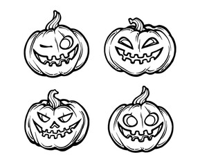 Halloween cartoon pumpkin outline set. Coloring book Vector illustration design gor flyers, posters, banner