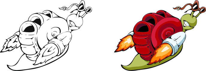 Turbosnail, colored cartoon hand drawn line drawing of futuristic snail in glasses with turbines with angry funny emotion, for coloring book pages