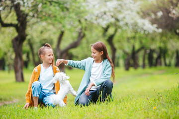 Little smiling girls playing and hugging puppy in the park