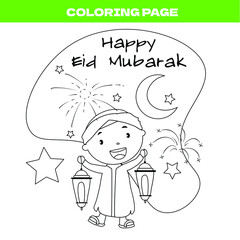 Coloring page of Muslim boy smiling while holding two lanterns. Eid Mubarak coloring activities suits for kids and fit for promoting Muslim activities for children. Vector format. 