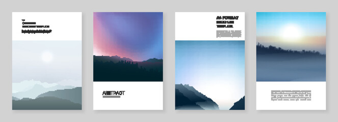 A4 brochure layout of covers templates for flyer leaflet, A4 brochure design, presentation, magazine, book. Fog, sunrise in morning and sunset in evening. Nature landscape backgrounds with mountains. - obrazy, fototapety, plakaty