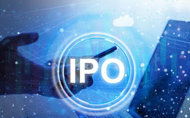 Businessman hand touching IPO Initial Public Offering sign on virtual screen