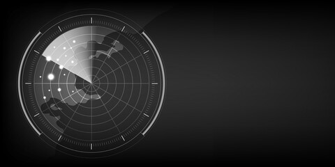 Digital black and white realistic radar screen background. Abstract radar with targets. Military search system. Vector illustration.