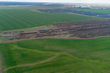 Railway station and trains top view. Photo from a helicopter.