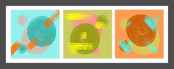 A set of abstract, trendy, minimalist graphic compositions, hand-painted with a brush. Bright pop art colors.