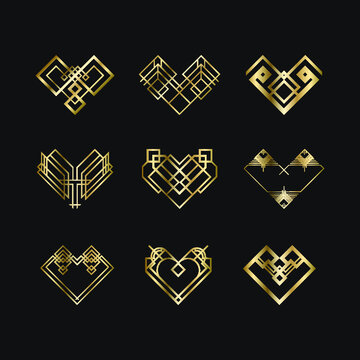 Set of Art deco geometric hearts. Creative template in style of 1920s for your design. Vector illustration. EPS 10