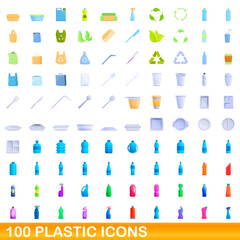 100 plastic icons set. Cartoon illustration of 100 plastic icons vector set isolated on white background
