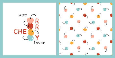 Cute Cherry Vector Set. Seamless Pattern and Print or Poster with Cherries. Summer Background and Card with Berries