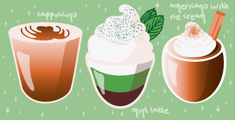 Coffee drink set: cappuccino, latte, americano in cute cartoon style. Kawaii vector illustration. Suitable for menu, flyer, ads, sticker and design products.