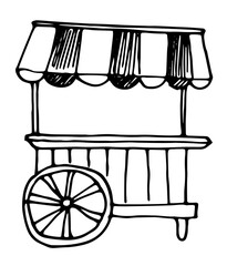 vector isolated street mobile trolley with striped canopy and wheel, hand-drawn sketch style black outline on white background for design template