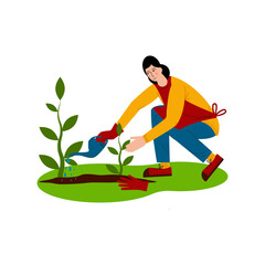 Young woman is watering plants. A hobby is gardening. The joy of working outdoors. Flat style Vector Illustration.