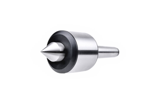 rotating lathe center for fixing workpieces in a lathe during metalworking on a white background, close-up