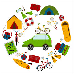 A set of necessary things to travel by car in a round frame. Backpack, fins, diving mask, lifebuoy, map, badminton, ball, sup, sleeping bag, bike, suitcases. Family hobby. Flat style Vector Illustrati
