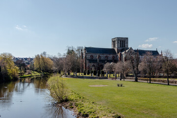 River Tyne, park and St Mary's Collegiate Church view, Haddington, Scotland