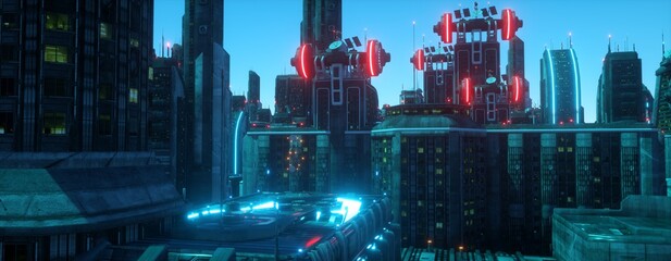 Neon urban future. Futuristic city against blue sunset sky. Wallpaper in a cyberpunk style. Industrial landscape with bright neon lights and huge futuristic buildings. 3D illustration.