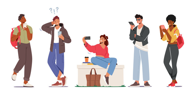 Set of Young Characters with Phones, Teens Smartphone Communication Concept. Youth Men and Women Holding Mobiles