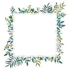 A template of a postcard with a watercolor green leaves on the branches. Wedding invitation template. Square arrangement.