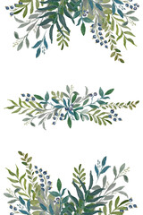 A template of a postcard with a watercolor green leaves on the branches. Wedding invitation template. Square arrangement.