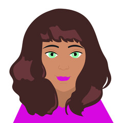 Avatar of a modern woman with blue eyes and brown hair. The character is isolated on a white background Print for clothes, magazines, websites. Vector graphics.