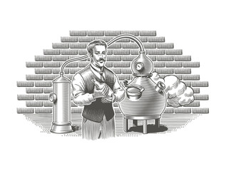 Distillery whiskey, gin, vodka or moonshine vintage engraving style vector illustration. Alcohol beverage or spirit distillation process. Man holding a bottle, alembic distiller on background.