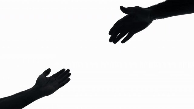 Two hand silhouettes, asking for and giving help (opposite angles of the screen), reaching for each other but never touching.
