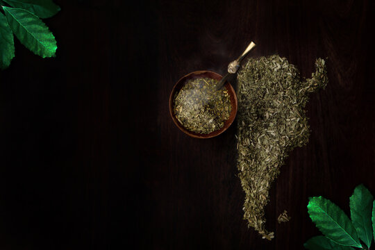 Closeup of organic yerba mate powder in a traditional calabash gourd