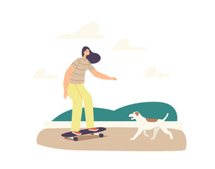 Young Girl in Modern Clothing Riding Skateboard in City Park. Skateboarder Female Character Outdoors Activity, Sport