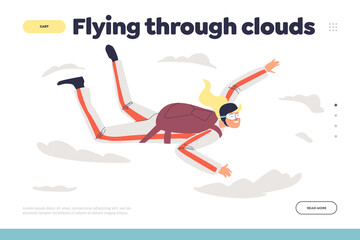 Fototapeta premium Flying through clouds concept of landing page with woman skydiving with parachute