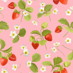 Strawberry with flowers, wild berries, leaves vector pattern. Seamless background texture illustration