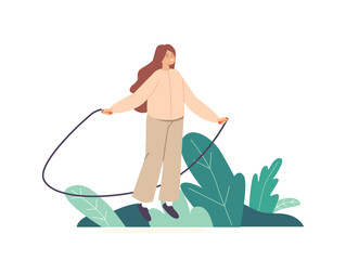 Fototapeta premium Child Play on Street, Jumping and Rejoice at Summer Time. Little Girl Character Exercising with Jump Rope. Healthy Life