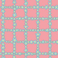 Ditsy daisy check seamless repeat pattern. Grid of floral vector elements all over print with baby blue pink.