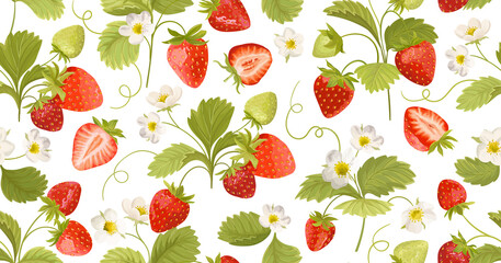Strawberry Background with flowers, wild berries, leaves. Vector seamless texture illustration for summer cover - 428668591